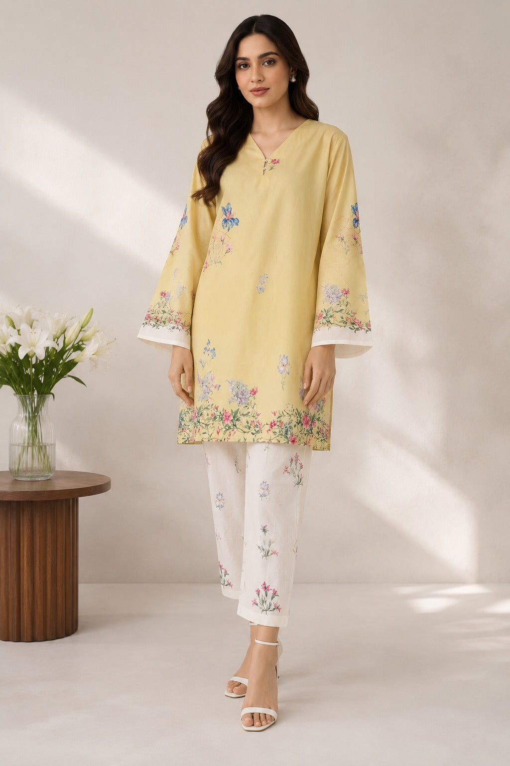Floral Bordered Bell-Sleeve Coord Set