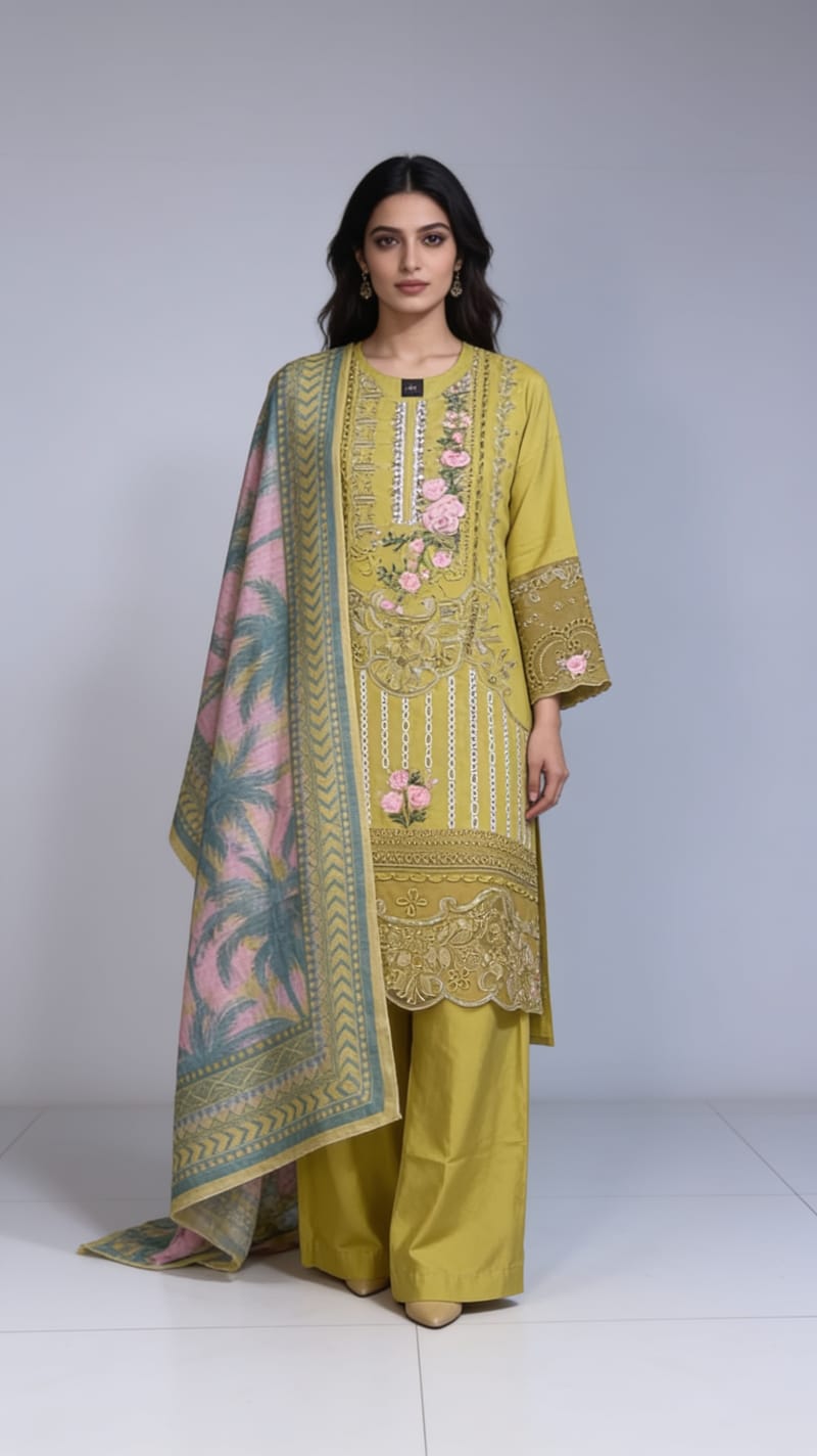 Olive Green Embellished Suit with Palm Print Dupatta