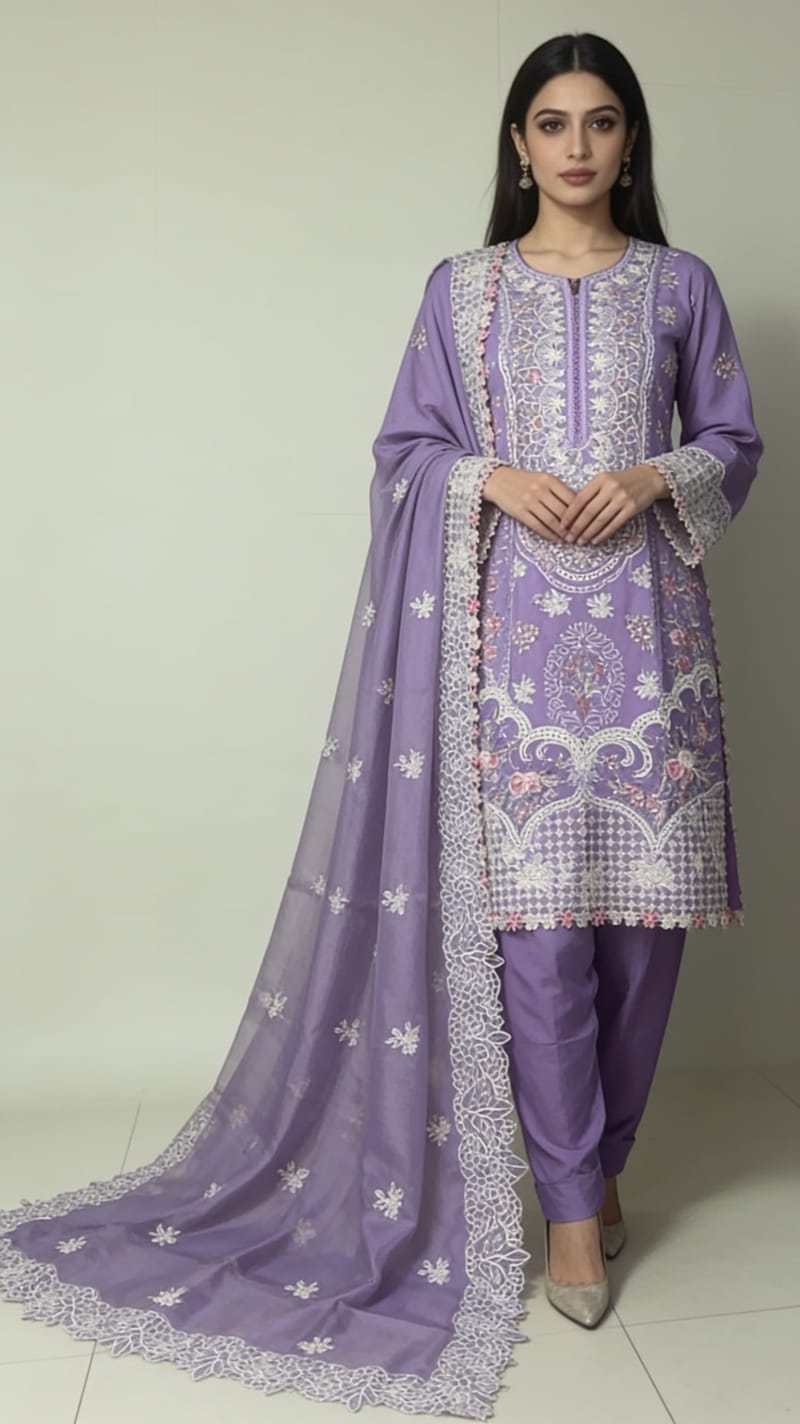 Lavender Chikankari Embroidered Suit