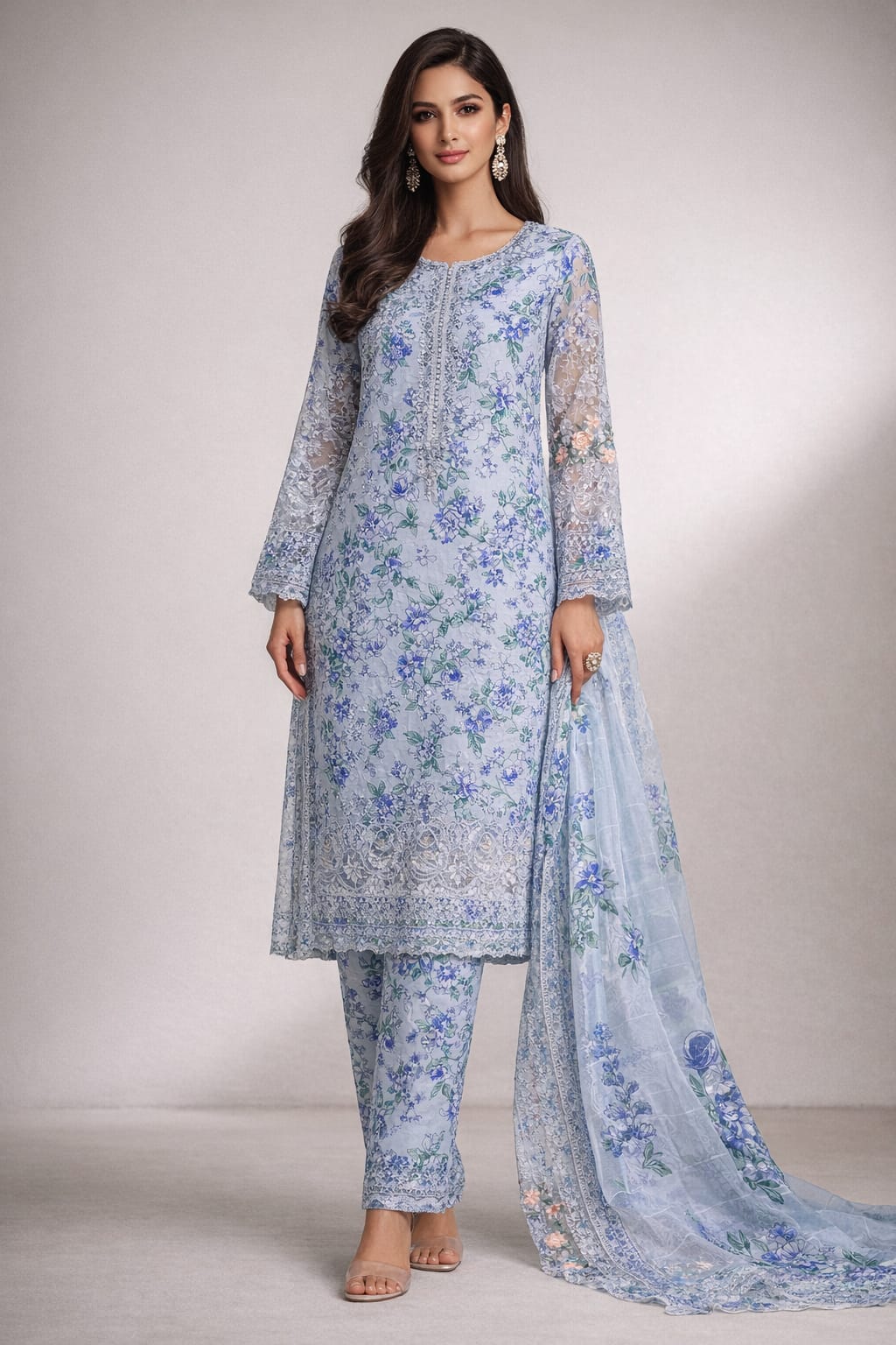 Powder Blue Floral Embroidered Suit