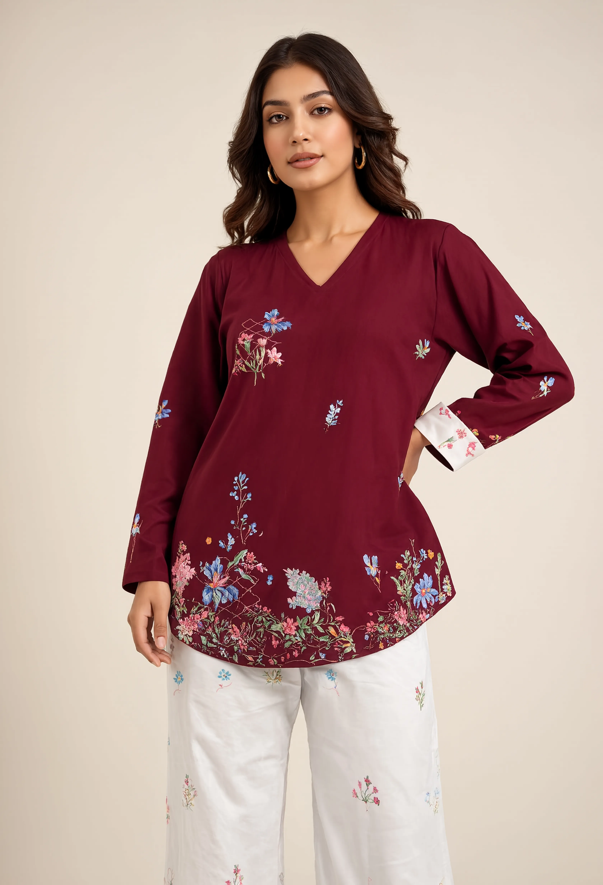 Floral Bordered Bell-Sleeve Coord Set